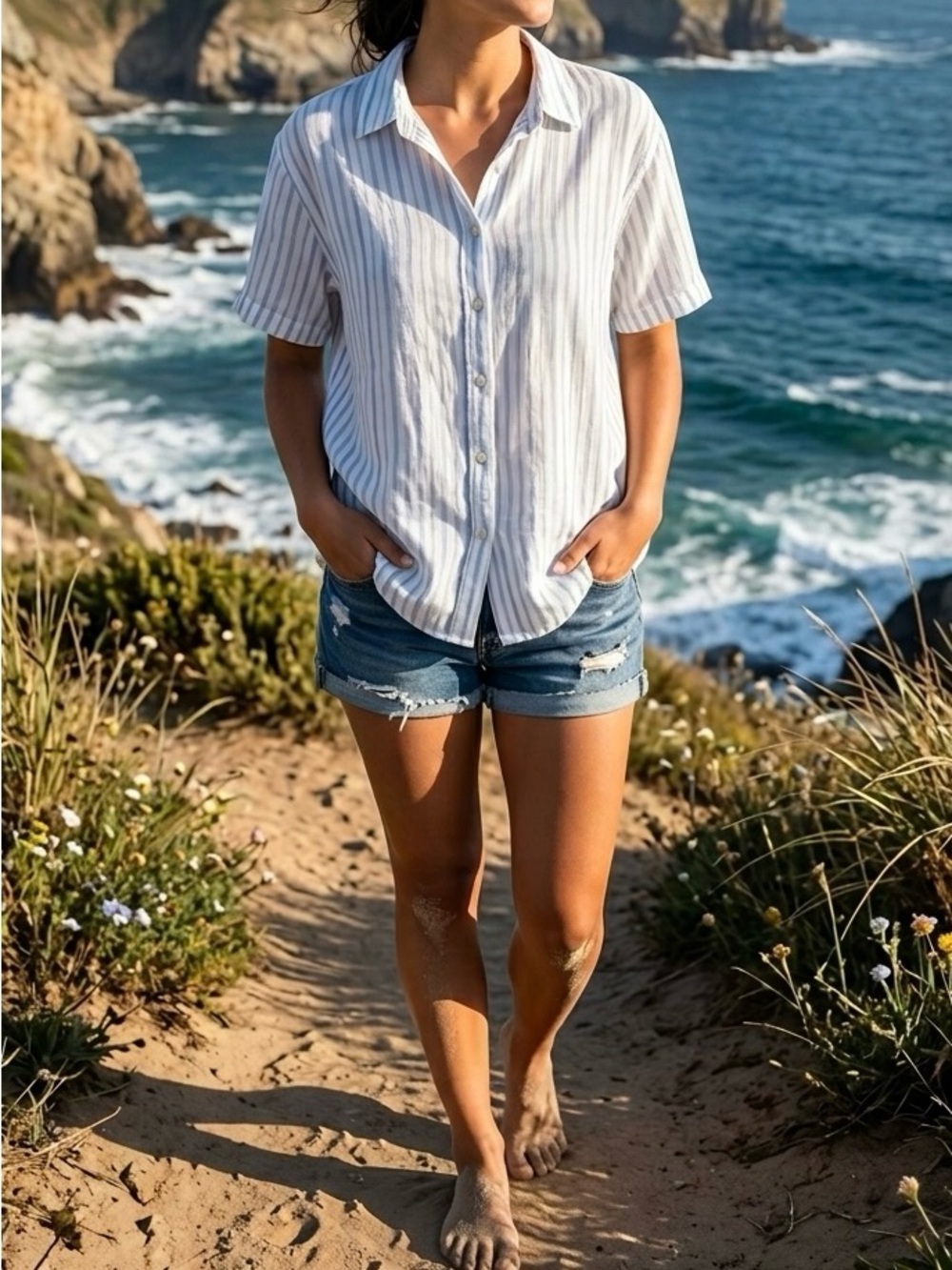 a.n.a Striped Linen Blend Button Down Shirt Short Sleeve Blue White Large
